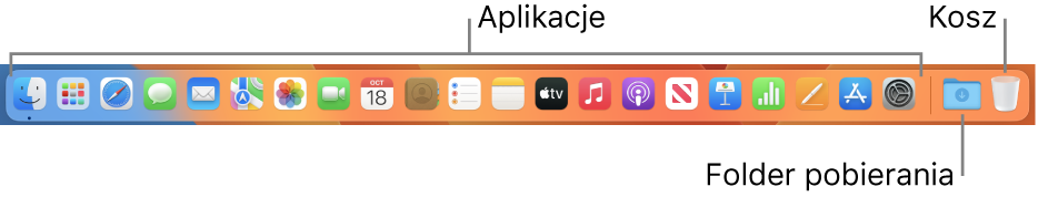 Dock zawierający ikony aplikacji, stos Pobrane rzeczy oraz Kosz.