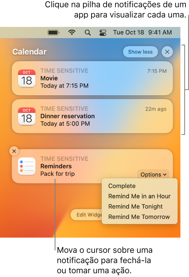 Notificações de apps no canto superior direito da mesa, incluindo um conjunto aberto de duas notificações do Lembretes com o botão “Mostrar menos” para contrair o conjunto, e uma notificação do Calendário com o botão Adiar.