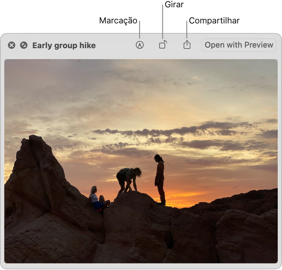 Imagem na janela da Visualização Rápida com botões para marcá-la, girá-la ou compartilhá-la, ou abri-la no app Pré-Visualização.