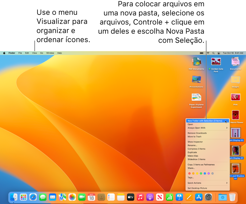 Mesa mostrando arquivos e pastas. Vários arquivos estão selecionados para serem colocados em uma nova pasta. O Controle + clique em um arquivo selecionado mostra um menu local, onde “Nova Pasta com Seleção” está selecionado.