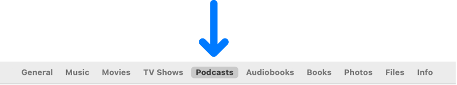Barra de botões mostrando a seleção Podcasts.