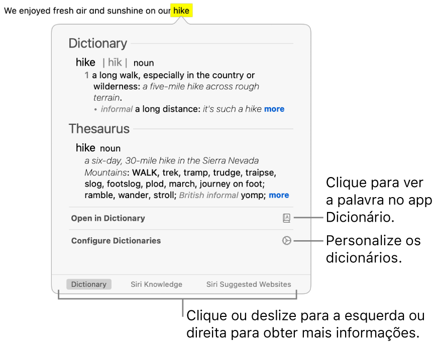 A janela Pesquisa mostrando definições de Dicionário e Tesauro para uma palavra.