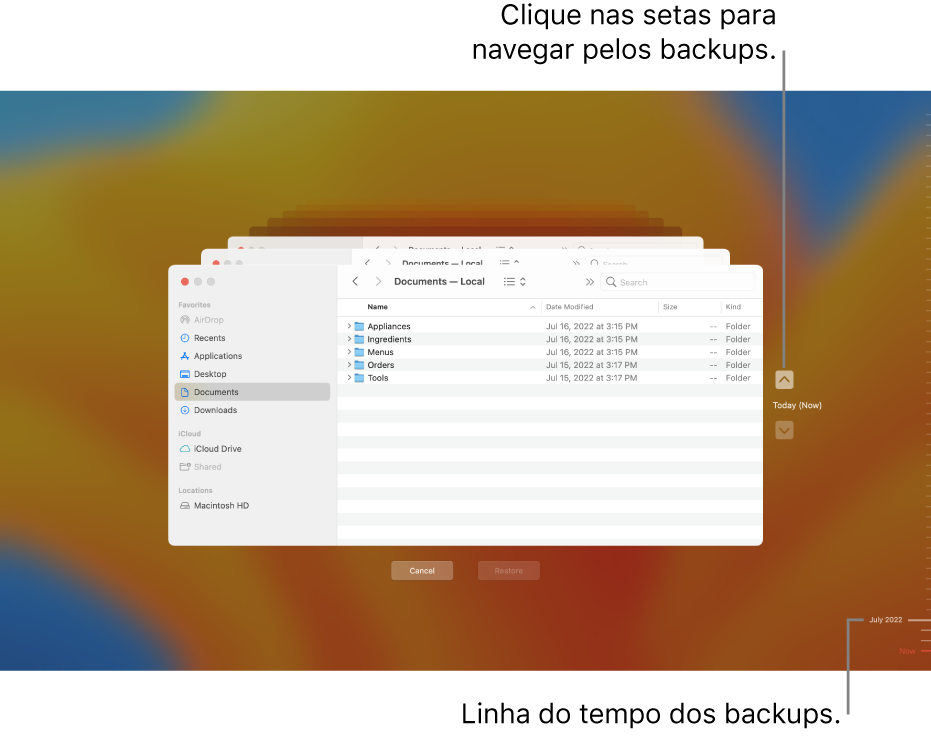 Janela do Time Machine mostrando várias telas do Finder empilhadas para representar backups, com setas para navegação. As setas e a linha do tempo de backup à direita ajudam você a navegar pelos backups para escolher quais arquivos restaurar.