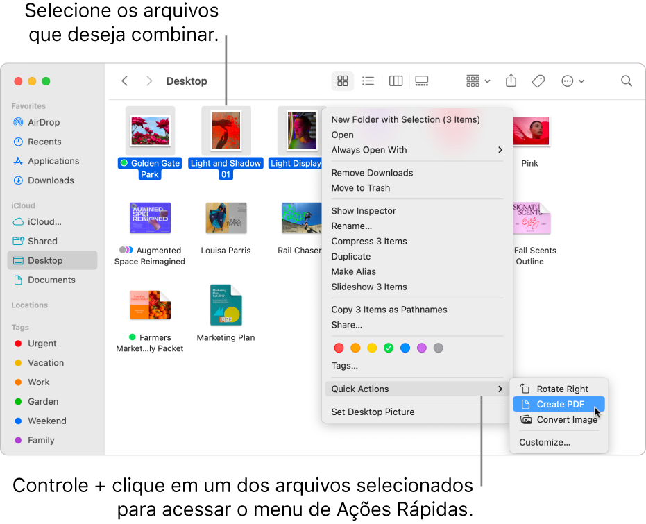 Janela do Finder contendo arquivos e pastas, onde três arquivos estão selecionados e Criar PDF está destacado no menu Ações Rápidas.