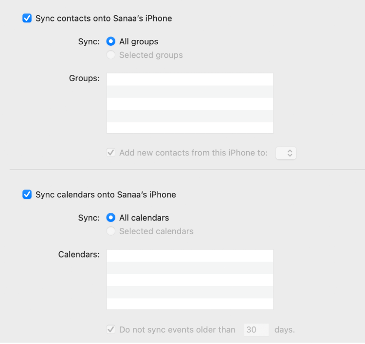 As opções de sincronização de Informações exibindo as opções “Sincronizar contatos no dispositivo” e “Sincronizar calendários com o dispositivo” selecionadas e opções para selecionar grupos de contatos e uma seleção de calendários.