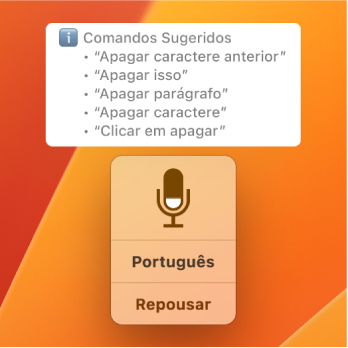 A janela de feedback do Controle por Voz com comandos de texto sugeridos, como “Apagar isso” ou “Clicar em Editar” mostrados acima.