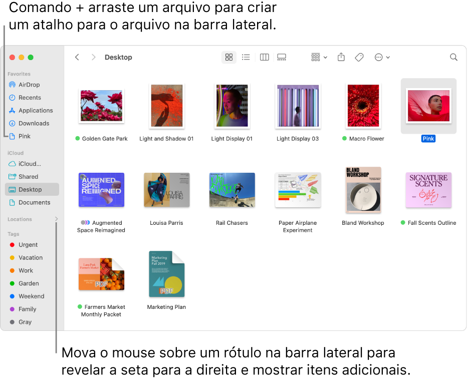 À direita de Localizações na barra lateral do Finder, há uma seta que pode ser clicada para mostrar itens adicionais. Na janela do Finder à direita, um arquivo está selecionado e um atalho para o arquivo está na barra lateral, abaixo de Favoritos.