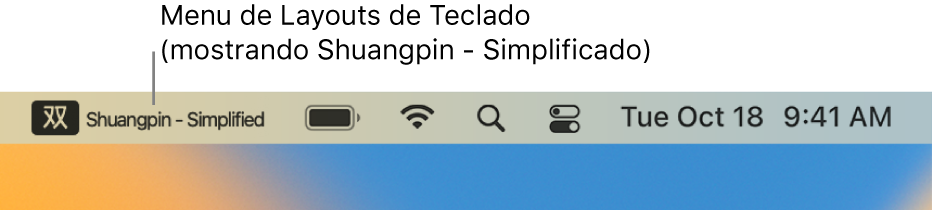 O lado direito da barra de menus. O menu Layouts de Teclado mostra o layout Shuangpin - Simplificado.