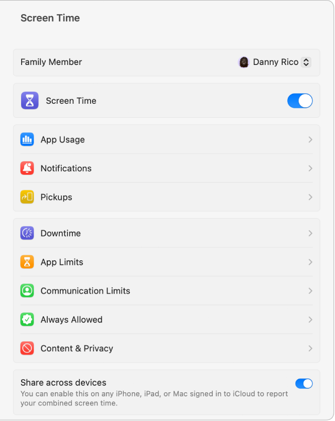 Definições de Tempo de ecrã com um adulto escolhido no menu pop‑up Membro da família, Tempo de ecrã ativado e a opção Partilhar entre dispositivos ativa.