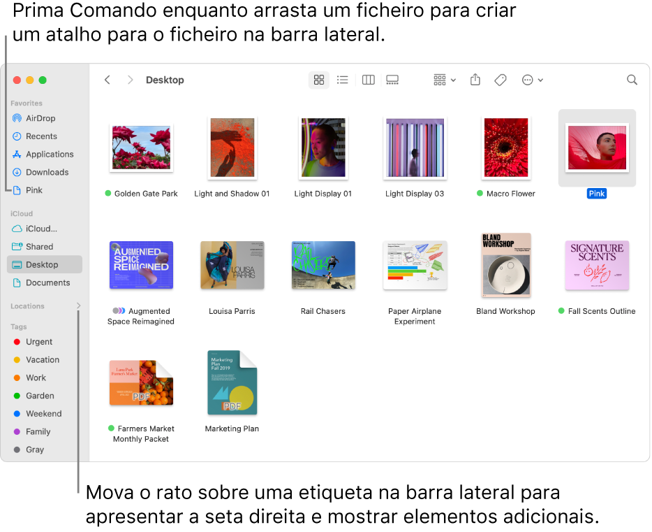 À direita de Locais na barra lateral do Finder encontra-se uma seta para clicar e mostrar mais elementos. Na janela do Finder à direita, um ficheiro está selecionado e existe um atalho para o ficheiro na barra lateral, em Favoritos.