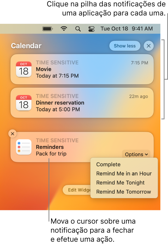 As notificações de aplicação no canto superior direito da secretária, incluindo uma pilha aberta de duas notificações da aplicação Lembretes com um botão “Mostrar menos” para comprimir a pilha e uma notificação da aplicação Calendário com um botão Adiar.