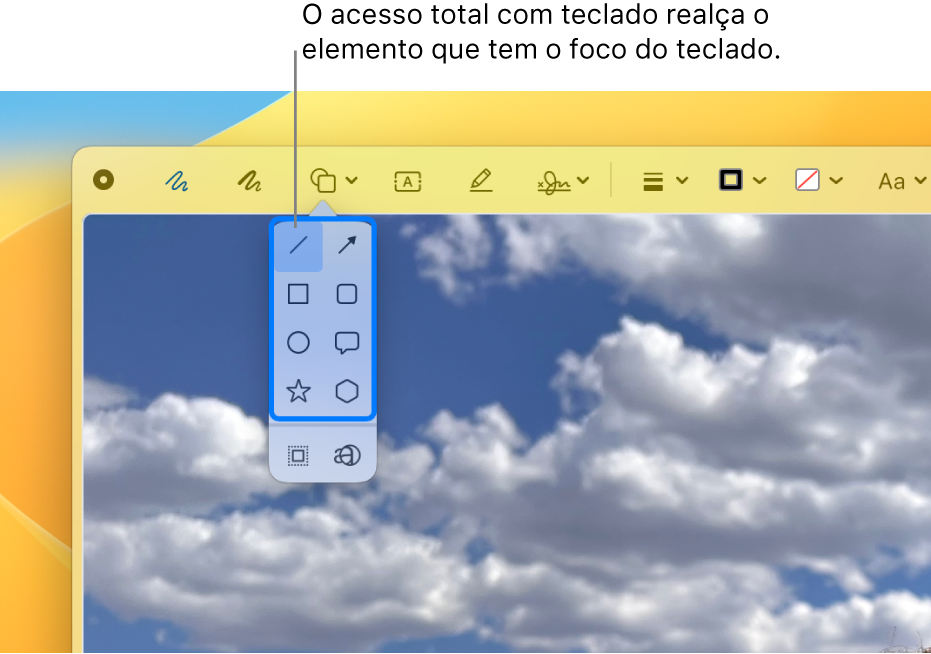 A janela de Vista rápida com a barra de ferramentas de marcação visível. A ferramenta Formas está expandida para mostrar as opções. O acesso total com teclado destacou a ferramenta que está em foco e o grupo que a contém.