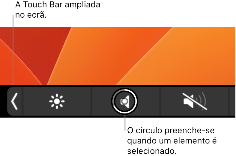 A Touch Bar ampliada na parte inferior do ecrã; o círculo sobre um botão é preenchido quando o botão é selecionado.