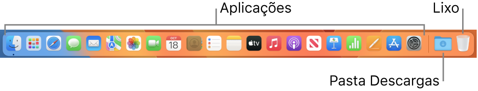 A Dock a mostrar ícones de aplicações, a pilha Descargas e o Lixo.