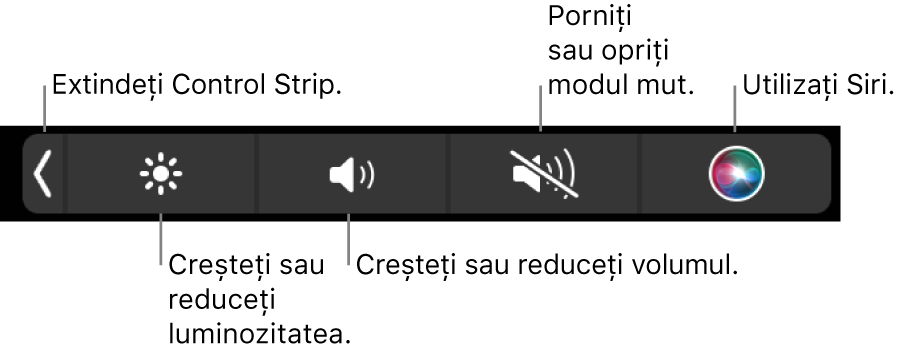 Control Strip restrâns include butoane – de la stânga la dreapta – pentru extinderea Control Strip, creșterea sau reducerea luminozității ecranului și a volumului, activarea sau dezactivarea modului mut și utilizarea Siri.