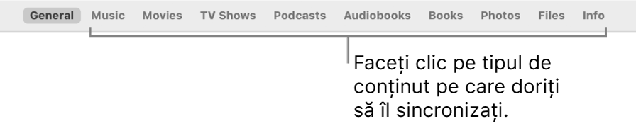 Bara de butoane afișând butonul General și butoane pentru conținut precum muzică, filme, emisiuni TV și altele.