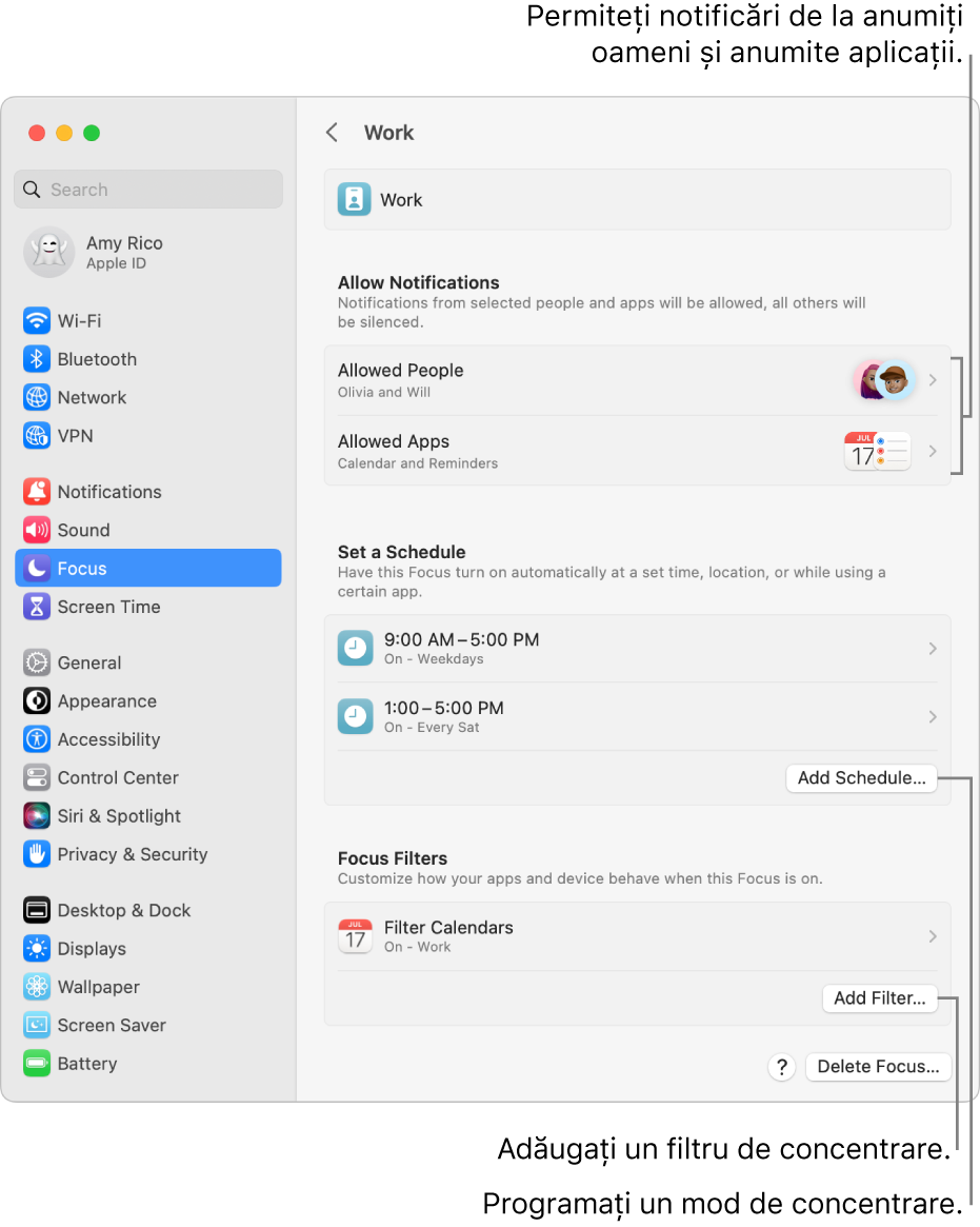 Configurările Concentrare, afișând configurările modul de concentrare Muncă. În partea de sus se află lista persoanelor și aplicațiilor ale căror notificări sunt permise când modul de concentrare Muncă este activ. În mijloc se află programul bazat pe ore, care activează automat modul de concentrare Muncă. Jos se află filtrul de concentrare pentru Calendar.