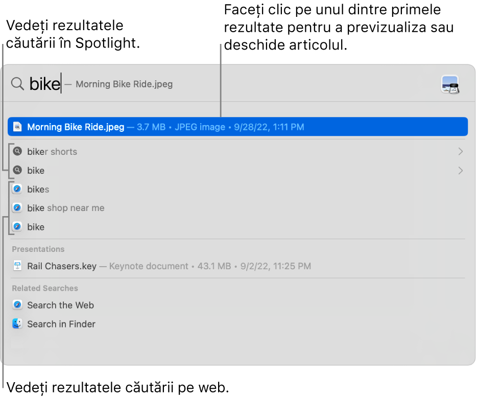 Fereastra Spotlight afișând textul căutării în câmpul de căutare din partea de sus a ferestrei și rezultatele dedesubt.