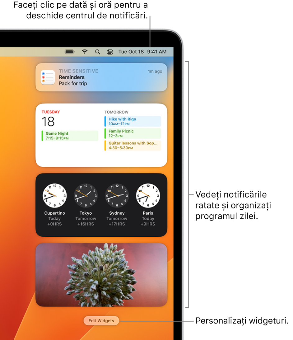Notificări și widgeturi în centrul de notificări.