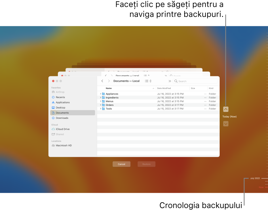 Fereastra Time Machine afișând mai multe ecrane Finder stivuite, care reprezintă backupuri, cu săgeți de navigare. Săgețile și cronologia backupului din partea dreaptă vă ajută să explorați backupurile, astfel încât să puteți alege fișierul care să fie restaurat.