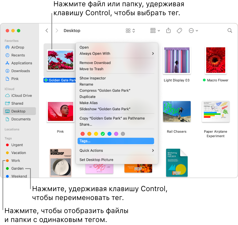 Показано окно Finder, содержащее файлы и папки с тегами, и выбран файл. В контекстном меню можно выбрать цвет тегов; выделено «Теги».