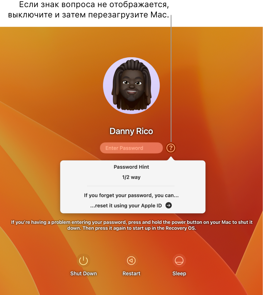 Экран входа на Mac, на котором отображается подсказка к паролю и инструкции по сбросу пароля.