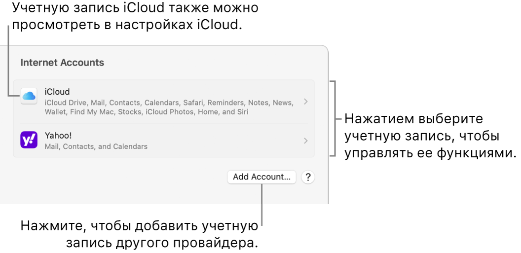 В разделе настроек «Учетные записи интернета» показан список учетных записей, которые настроены на Mac.