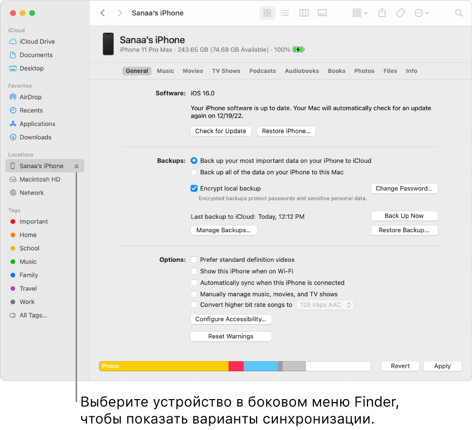 Устройство выбрано в боковом меню Finder, в окне отображаются варианты синхронизации.