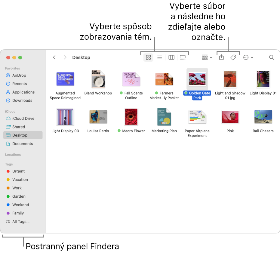 Okno Findera s postranným panelom Findera na ľavej strane. V hornej časti okna sú štyri tlačidlá, ktoré zmenia spôsob zobrazenia položiek v okne a dodatočné tlačidlá na usporiadanie a zdieľanie položiek.