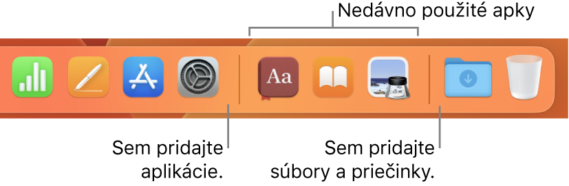 Pravá strana Docku zobrazujúca čiary oddeľovača pred a za sekciou naposledy použitých apiek.