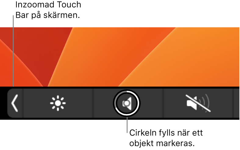 Inzoomad Touch Bar visas längs med nederkanten av skärmen och cirkeln ovanför en knapp fylls när knappen markeras.