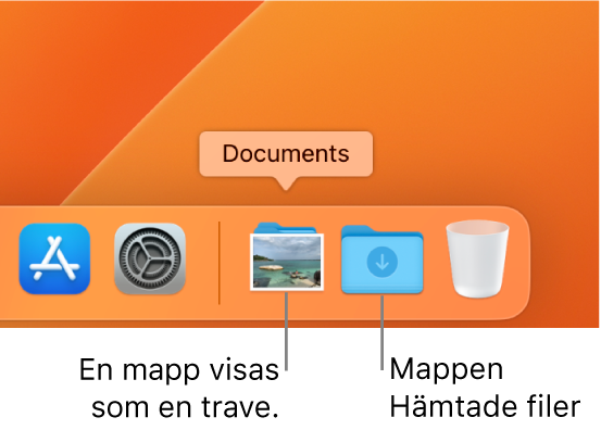 Den högra änden av Dock med en mapp som visas som en trave och mappen Hämtade filer som visas som en mapp.