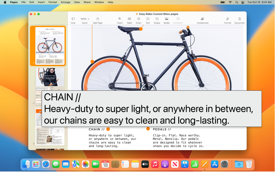 เอกสาร Pages ที่มีหน้าต่างการวางเมาส์ที่ข้อความที่กำลังแสดงข้อความเวอร์ชั่นความละเอียดสูงและขนาดใหญ่ในเอกสาร