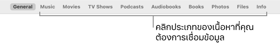 แถบปุ่มที่แสดงปุ่มทั่วไปและปุ่มสำหรับเนื้อหา เช่น เพลง ภาพยนตร์ รายการทีวี และอื่นๆ