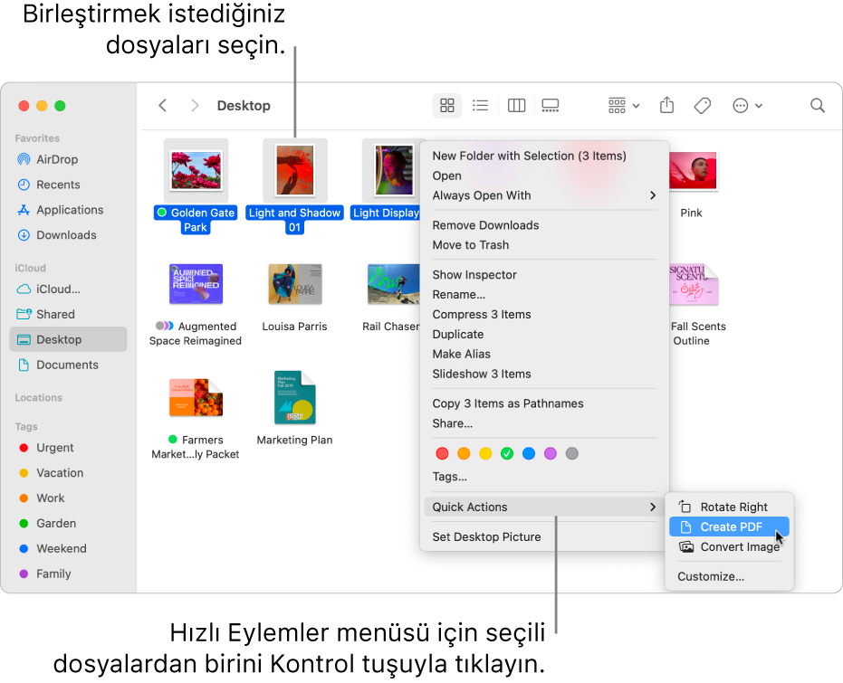 Dosyalar ve klasörler içeren bir Finder penceresi; üç dosya seçili ve Hızlı Eylemler menüsünde PDF Yarat vurgulanıyor.