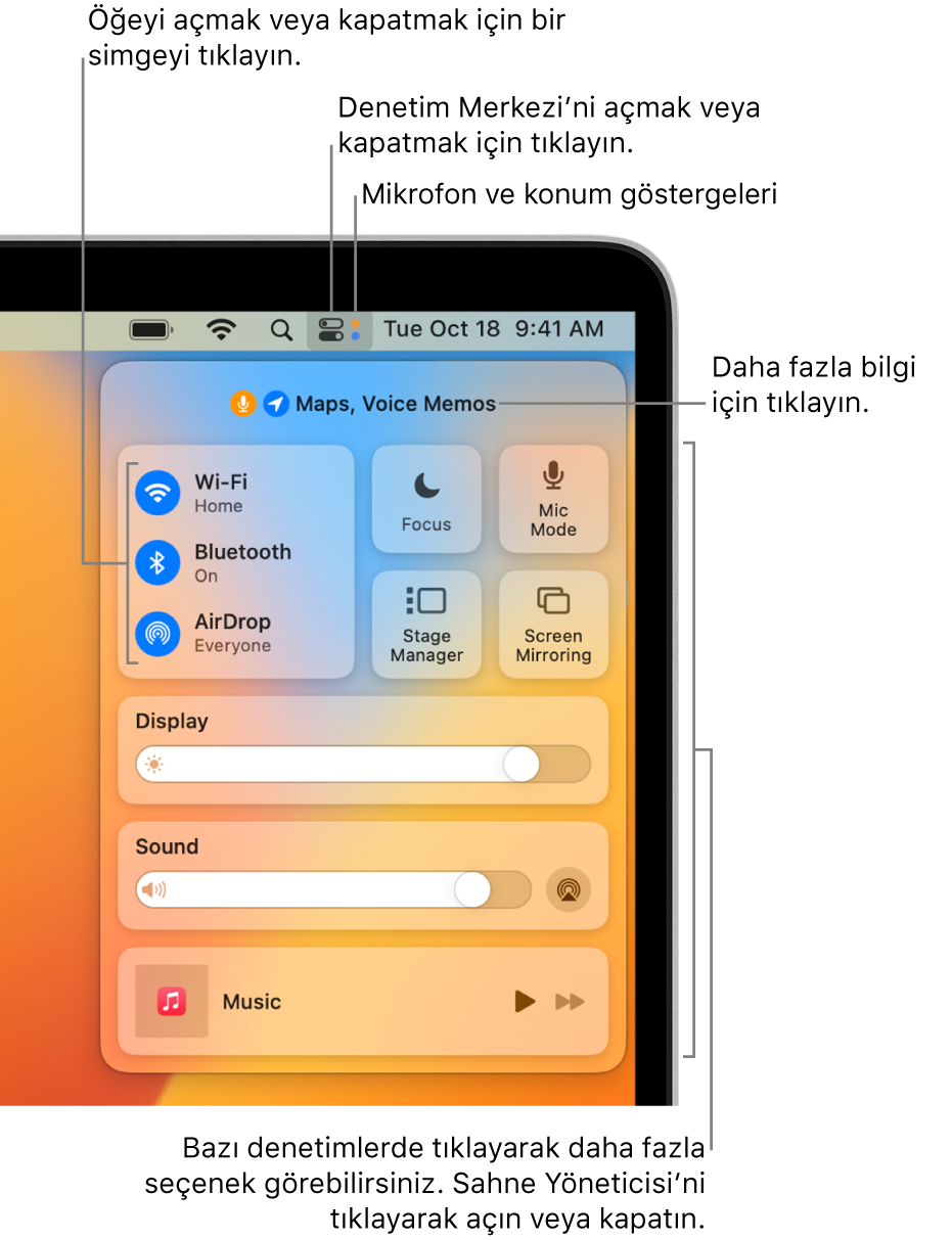 Ekranın sağ üst bölümündeki Denetim Merkezi; Wi-Fi, Odak, Ses ve Şu An Çalınan gibi denetimleri gösteriyor.