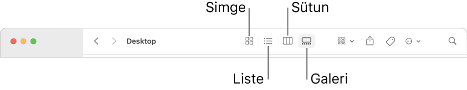 Bir Finder penceresinin, klasör için görüntü seçeneği düğmelerini gösteren üst bölümü.