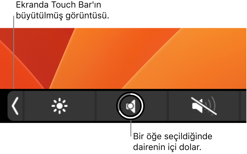 Ekranın alt tarafında büyütülmüş Touch Bar; düğme seçildiğinde düğmenin üzerinde dolu daire görünür.