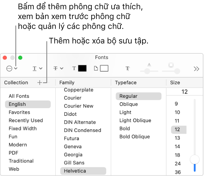 Với cửa sổ Phông chữ, thêm hoặc xóa các bộ sưu tập một cách nhanh chóng, thay đổi màu phông chữ hoặc thực hiện các tác vụ như xem trước hoặc quản lý phông chữ hay thêm vào Mục ưa thích.