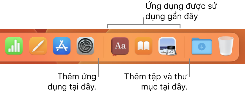 Đầu bên phải của Dock đang hiển thị các đường phân tách trước và sau phần ứng dụng được sử dụng gần đây.