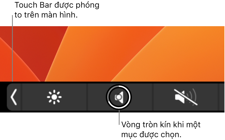 Touch Bar được thu phóng dọc theo cạnh dưới của màn hình; vòng tròn phía trên nút tạo nền khi nút được chọn.