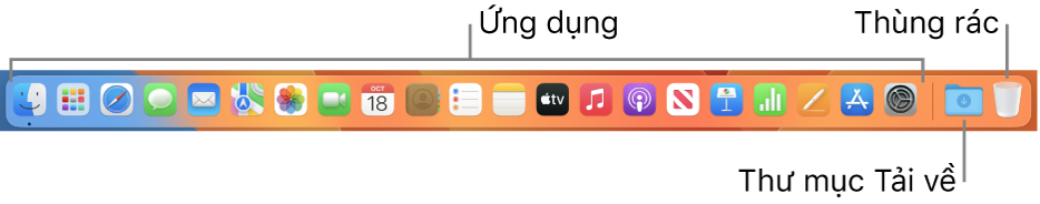 Dock đang hiển thị các biểu tượng cho các ứng dụng, ngăn xếp Tải về và Thùng rác.