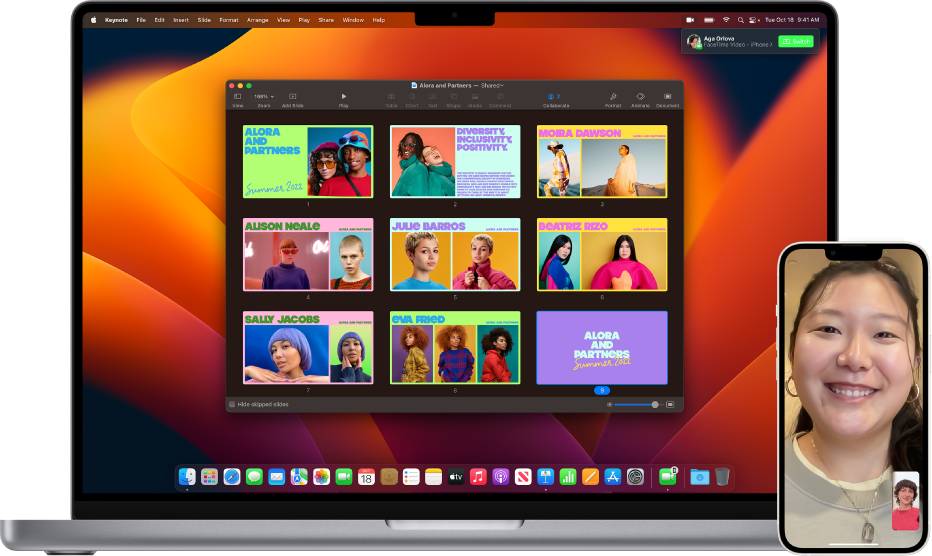 iPhone 上的 FaceTime 通话，旁边的 Mac 桌面显示打开的 Keynote 讲演窗口。Mac 右上角是用于将 FaceTime 通话切换到 Mac 的按钮。