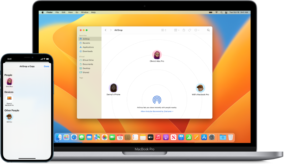 iPhone 显示“隔空投送”屏幕，旁边的 Mac 在“访达”中打开了“隔空投送”窗口。