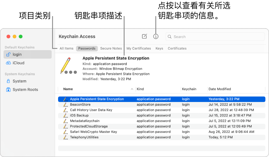 边栏中显示钥匙串的“钥匙串访问”窗口。右侧显示所选登录钥匙串密码的描述。