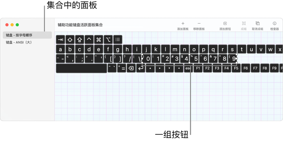 面板集合窗口的一部分，左边显示键盘面板列表，右边显示面板中包含的按钮和群组。