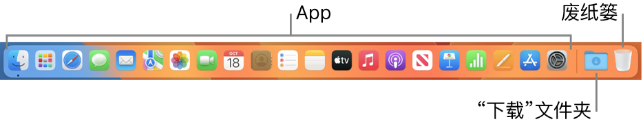 程序坞显示 App 图标、“下载”叠放和废纸篓。