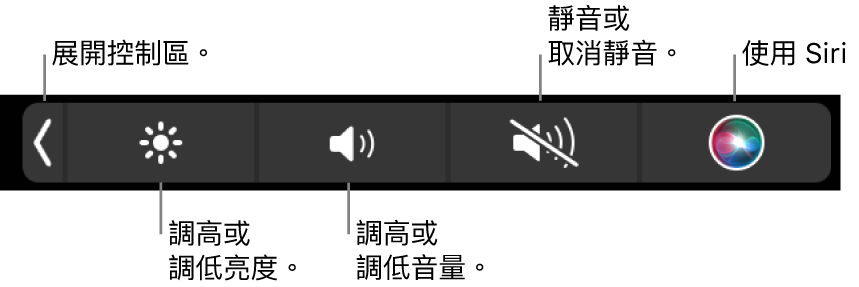 收合的控制區包括以下操作的按鈕：由左至右依序是展開控制區、增加或減少顯示器亮度和音量、靜音或解除靜音以及使用 Siri。