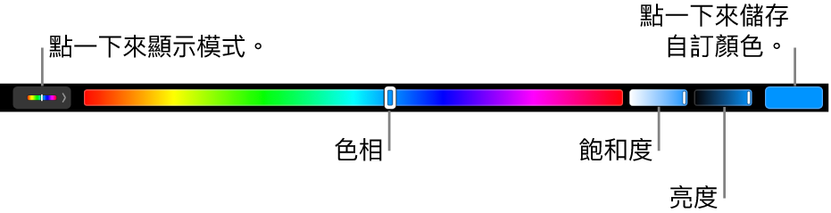 顯示 HSB 模式其色相、飽和度和亮度滑桿的觸控欄。最左側為顯示所有模式的按鈕；右側則是可儲存自訂顏色的按鈕。