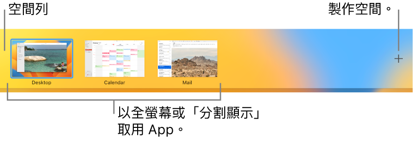 「空間」列，其中顯示桌面空間、App（全螢幕和「分割顯示」）以及可製作空間的「加入」按鈕。